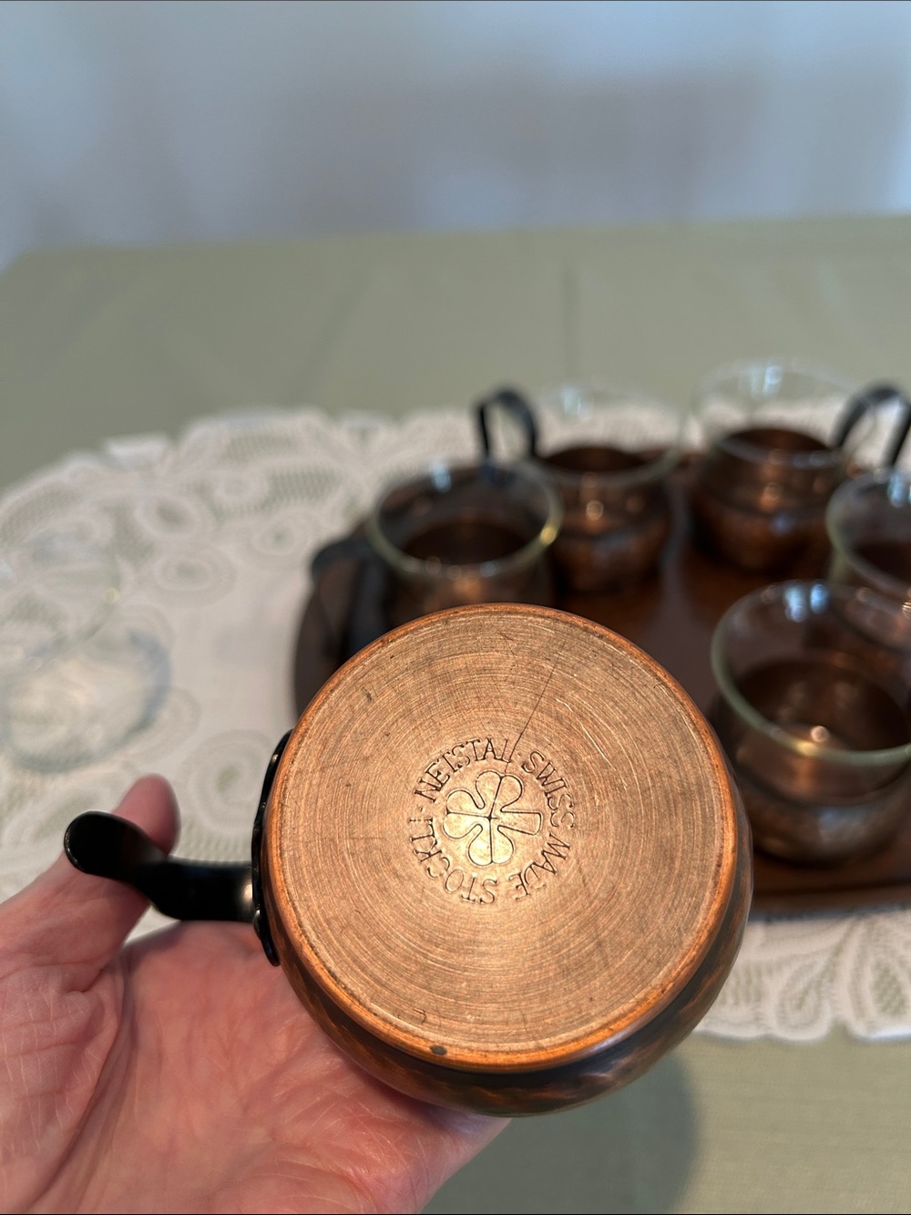MCM Hammered Copper Glass Tea Cup Set - 6pc Swiss made Stockli Netstal Rare - Picture 4 of 8